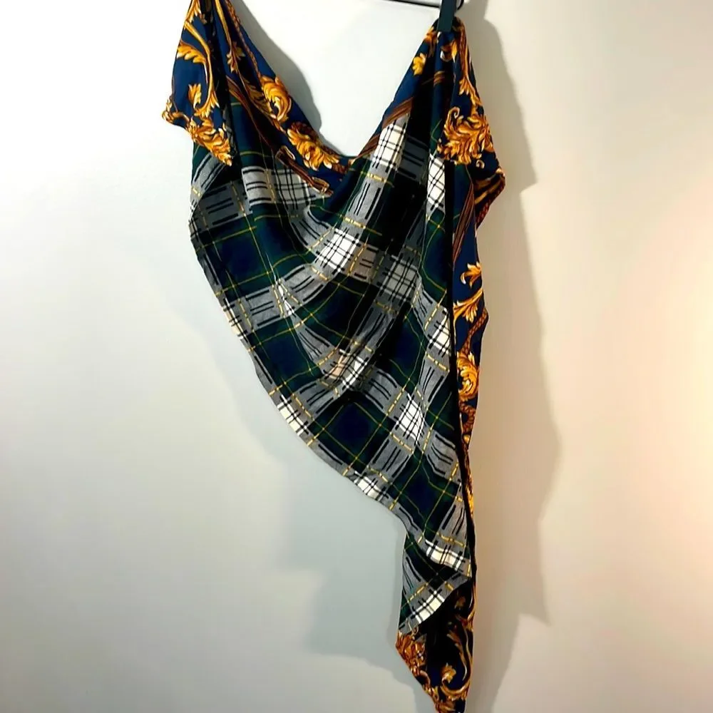 Equestrian inspired scarf (triangle 55” l x 24”to point) navy, greens gold Plaid